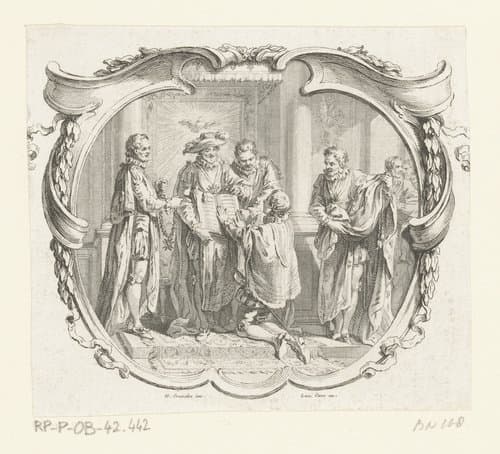 Vignet met een ridder die een eed aflegt op de bijbel vastgehouden door Henry de Bourbon