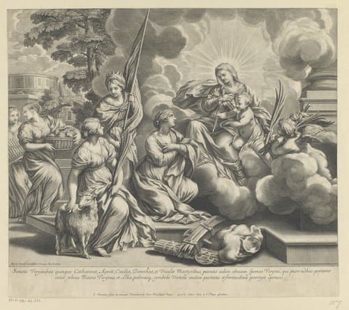 Maria en Kind overhandigen lelies en palmbladeren aan H. Catharina, H. Agnes, H. Ursula, H. Dorothea en H. Cecilia