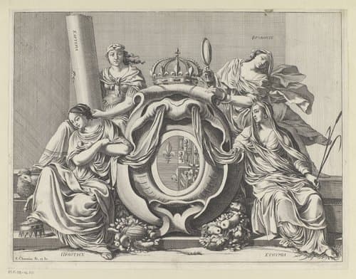 Gekroonde wapen van Anna van Oostenrijk tussen vier Deugden by François Chauveau