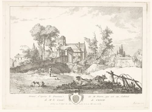 Landschap aan de rand van een dorp, op de voorgrond twee koeien by Pierre Quentin Chedel