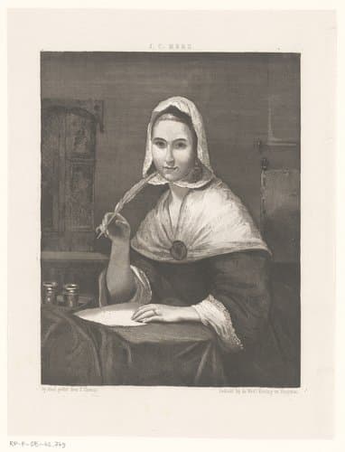 Jonge vrouw aan tafel met pen en papier by Paul Chenay
