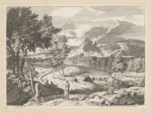 Landschap met rustende en wandelende figuren
