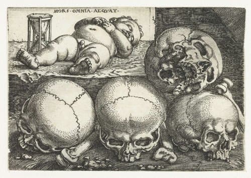 Slapend kind met zandloper en vier schedels by Barthel Beham
