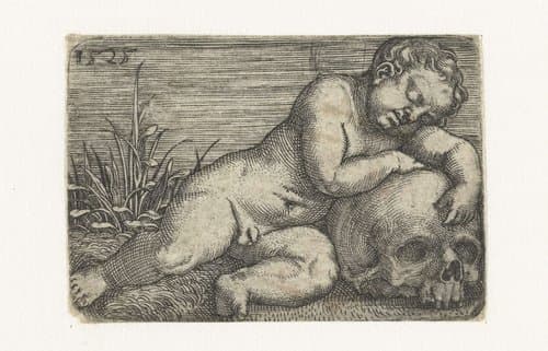 Slapend kind liggend op een schedel by Barthel Beham