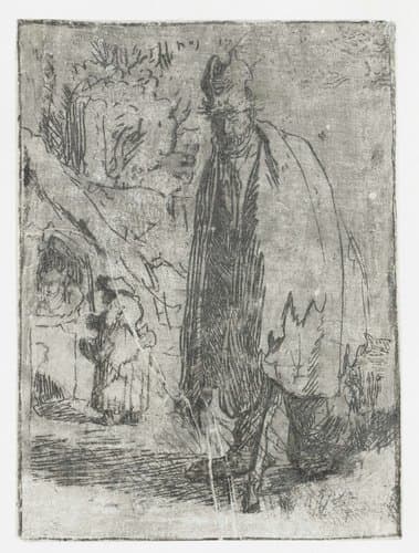 Beggar with a Cottage and Two Figures in the Background by Rembrandt van Rijn