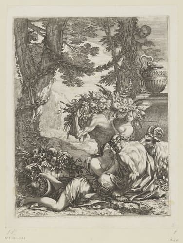 Pan met bacchante en vruchtenkorfdragers by Michel Dorigny