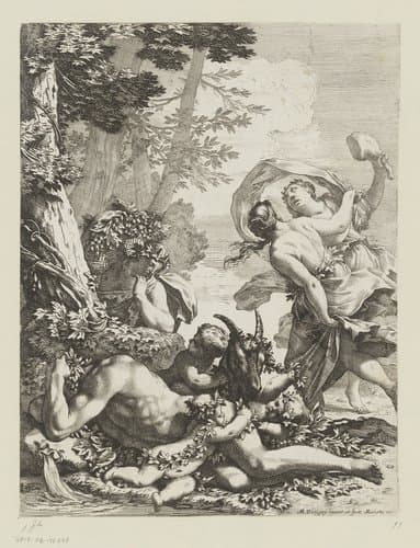 Rustende bacchant met putti, geit en vrouwelijke bacchanten by Michel Dorigny