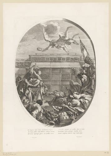 Mensen in aanbidding voor het beeld van Justitia by Michel Dorigny
