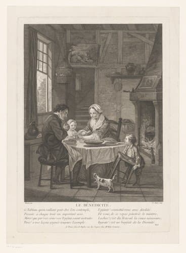 Interieur met gezin dat het eten zegent aan tafel by Claude Augustin Duflos