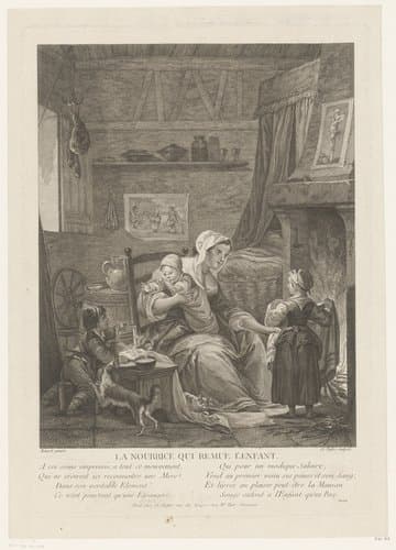 Interieur met min en kinderen aan het haardvuur by Claude Augustin Duflos