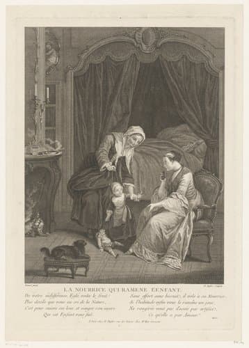 Interieur van een slaapkamer met min, moeder en kind by Claude Augustin Duflos