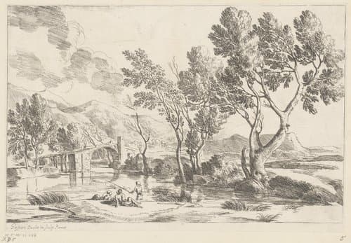 Rivierlandschap met brug en vissers by Gaspard Dughet