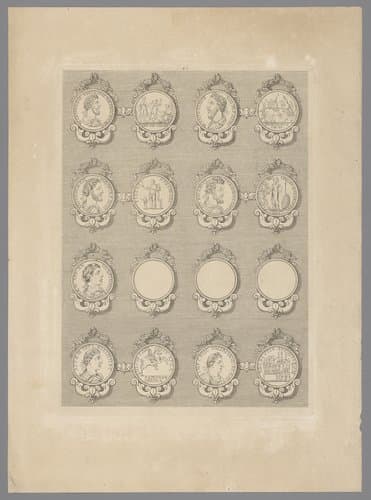 Zestien penningen met versierde lijsten, waarvan drie blanco by Simon de la Boissière