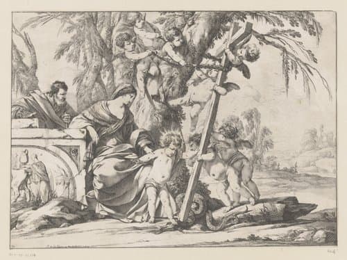 Heilige Familie met slang en putti by Laurent de La Hire