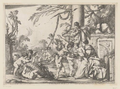 Heilige Familie en putti met fruitmand in een landschap by Laurent de La Hire