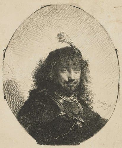 Self-portrait (?) with plumed cap by Rembrandt van Rijn
