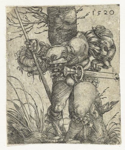 Soldaat voorovergebogen staand voor een boom by Barthel Beham