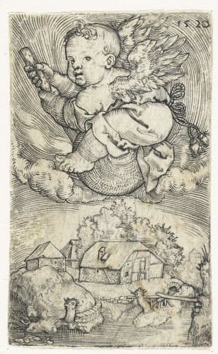 Vliegende kleine engel op een bol boven landschap by Barthel Beham