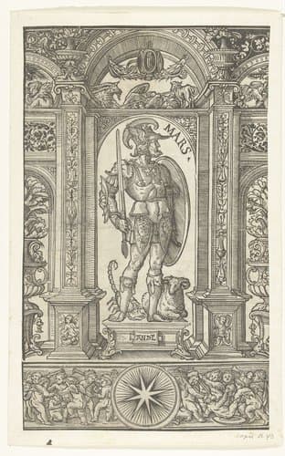 Mars met sterrenbeelden Schorpioen en Ram in architecturale omlijsting by Monogrammist ANDL