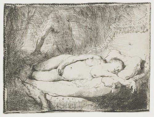 Jupiter en Antiope: kleine plaat by Rembrandt van Rijn