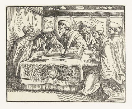 Zes geleerden zitten rond een tafel by Hans Burgkmair (I)