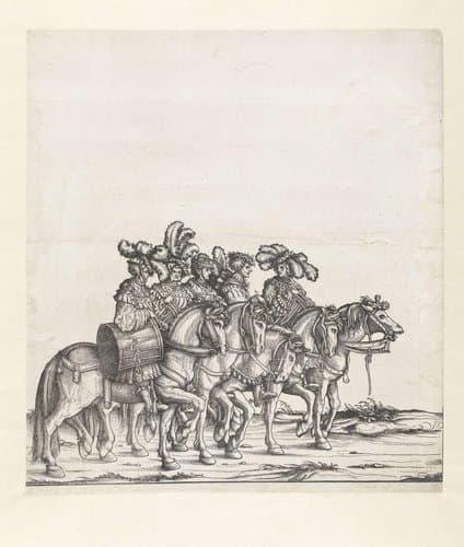 Vijf mannen te paard met trommels by Hans Burgkmair (I)