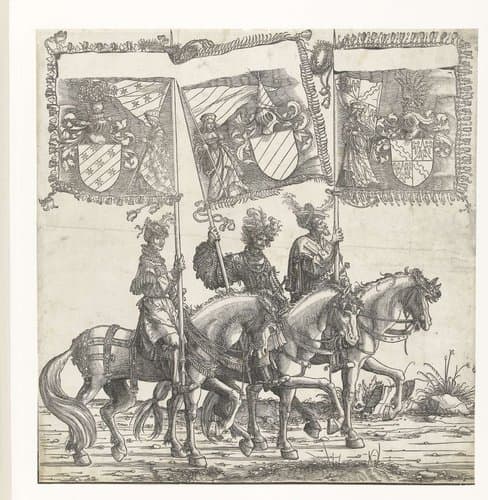 Drie mannen te paard dragen de Oostenrijkse vaandels van Ortenburg, Echingen en Achalm