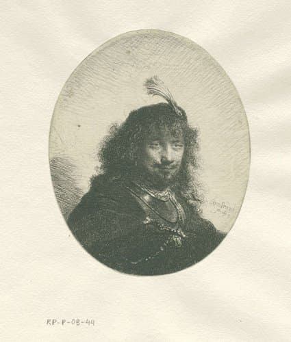 Zelfportret (?) met gepluimde baret, in ovale lijst: buste by Rembrandt van Rijn
