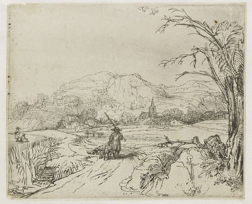 Landschap met schaapherder en hond by Rembrandt van Rijn
