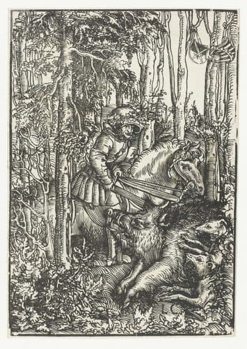 Man te paard jaagt op wild zwijn by Lucas Cranach (I)
