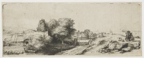 Gezicht op de Diemerdijk met boerderijen en een melkboer by Rembrandt van Rijn
