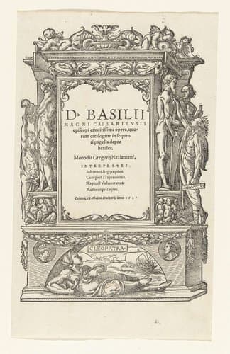 Titelprent met Cleopatra en Dionysius I die van de godenbeelden rooft