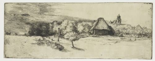 Landscape with a farm building and the 'house with the tower' by Rembrandt van Rijn