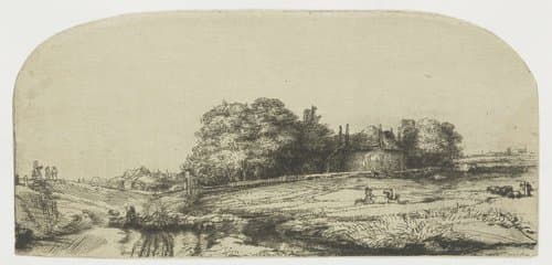 Cottages and a hay barn on the Diemerdijk with a flock of sheep by Rembrandt van Rijn