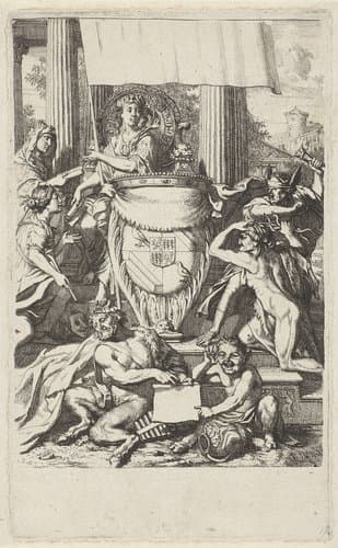 Wapen van de familie Geelvinck omgeven door allegorische figuren by Gerard de Lairesse