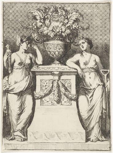 Bloemenvaas geflankeerd door twee allegorische figuren by Gerard de Lairesse
