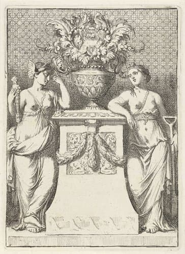 Bloemenvaas geflankeerd door twee allegorische figuren by Gerard de Lairesse