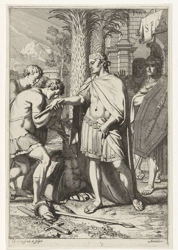 Veldheer schenkt verslagen krijgslieden genade by Gerard de Lairesse