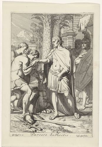Veldheer schenkt verslagen krijgslieden genade by Gerard de Lairesse