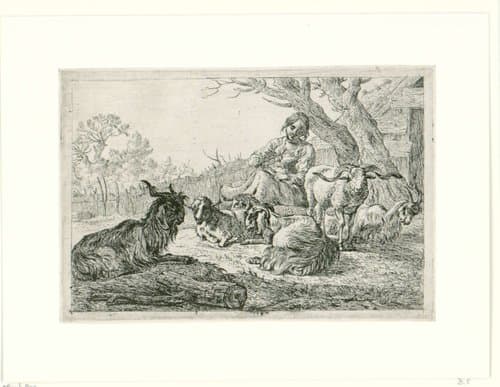 Herderin te midden van geiten en schapen by Pieter Bodding van Laer