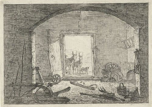 Ezels voor de deur van een stal by Pieter Bodding van Laer