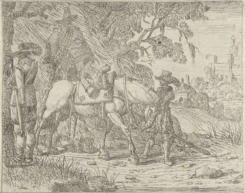 Gezadeld paard met soldaten by Pieter Bodding van Laer