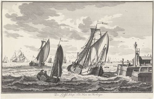 Zeilschepen nabij een haven by Adolf van der Laan