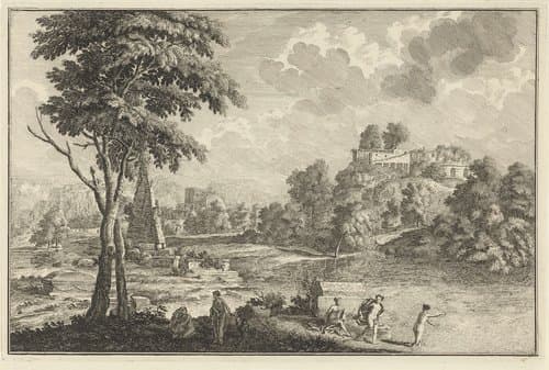 Arcadisch landschap met vijf badende vrouwen by Adolf van der Laan