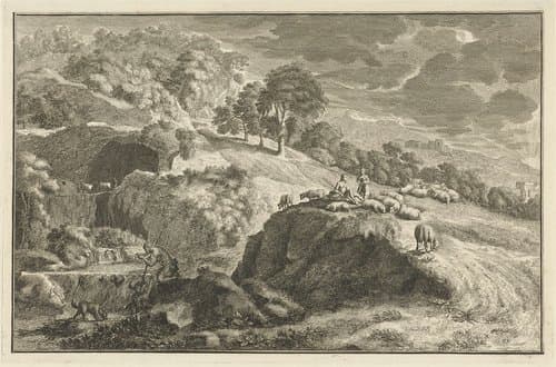 Arcadisch rivierlandschap met herders by Adolf van der Laan