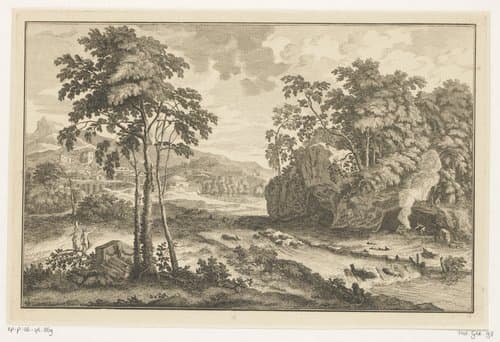 Arcadisch landschap met figuren op de oever van een rivier by Adolf van der Laan