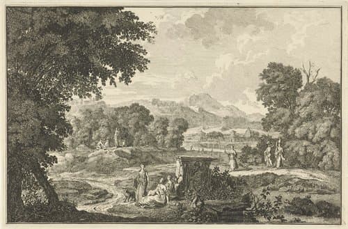 Arcadisch landschap met zes vrouwen bij een tombe by Adolf van der Laan