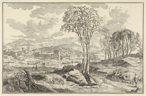 Arcadisch rivierlandschap met stad aan een rivier by Adolf van der Laan