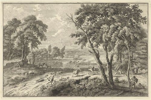 Arcadisch rivierlandschap met jacht op herten by Adolf van der Laan