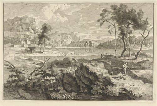 Arcadisch landschap met rotsen en rivier by Adolf van der Laan